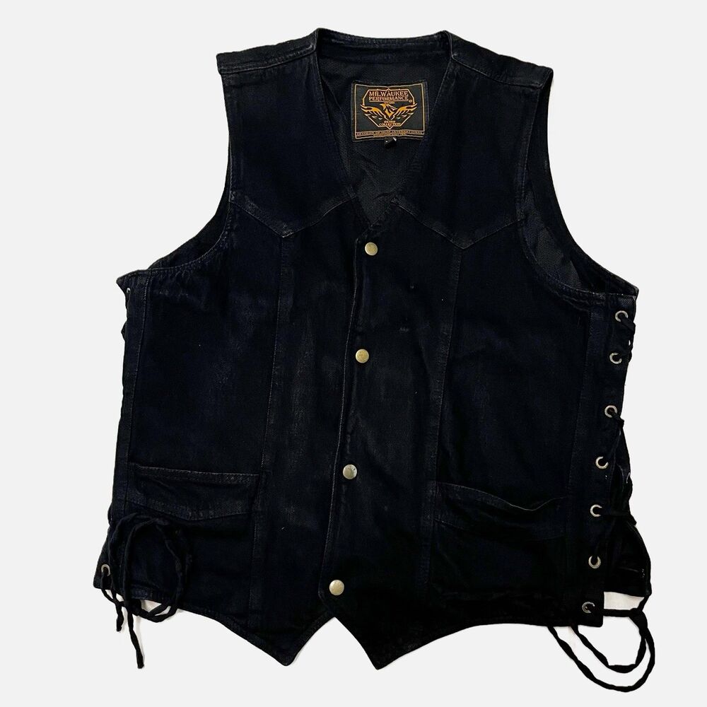 Milwaukee Performance Black Denim Vest W/Lacing & 2 Concealed Gun Pockets Sz XXL